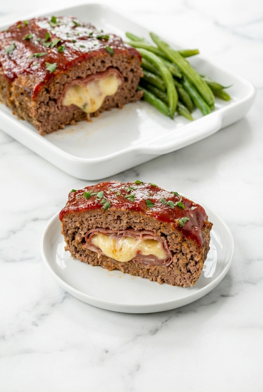 Slices of stuffed meatloaf served on a plate, highlighting the resting period for clean cuts.