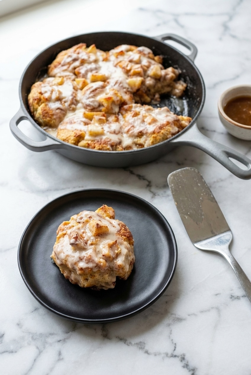 A warm plate of apple pie biscuits drizzled with salted maple glaze, ready for a cozy brunch.
