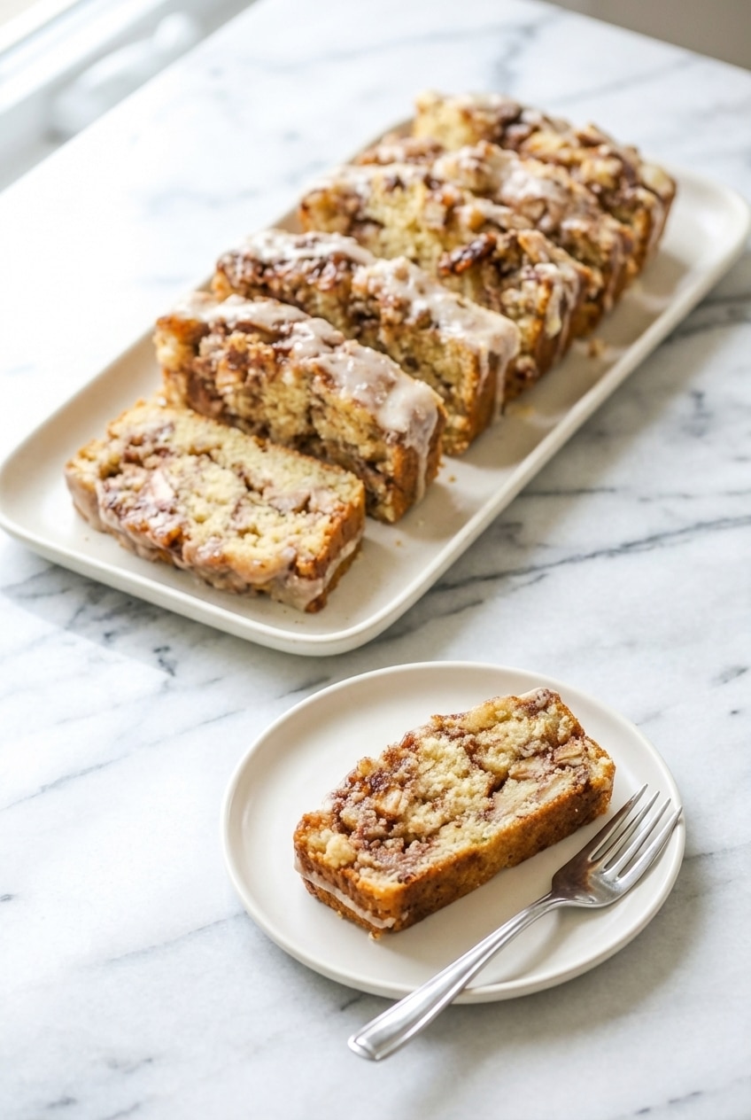 A slice of awesome country apple fritter bread served on a plate for a cozy breakfast.