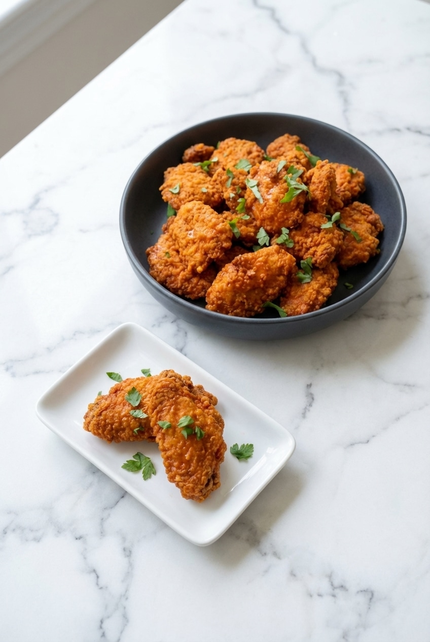 A platter of baked boneless buffalo wings served with blue cheese dressing and fresh celery.