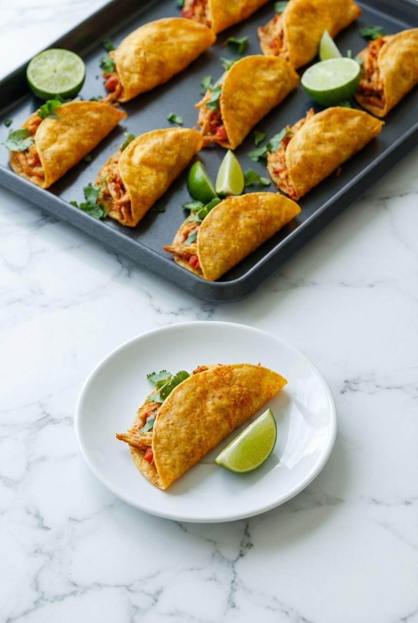 Baked chicken tacos served on a festive platter with fresh pico de gallo and lime wedges.