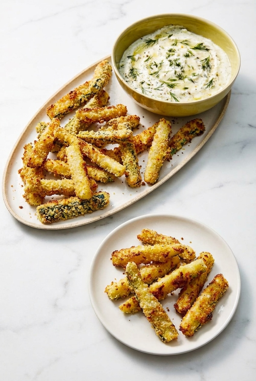 A platter of baked zucchini fries served as a healthy snack on a casual dining table.