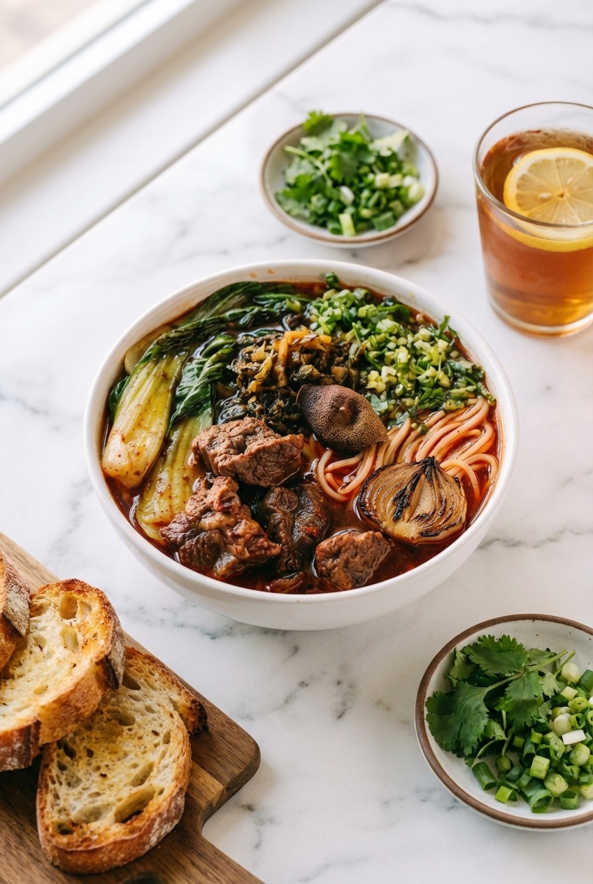 Beef noodle soup topped with fresh Chinese pickled mustard greens and Sichuan peppercorns for serving.