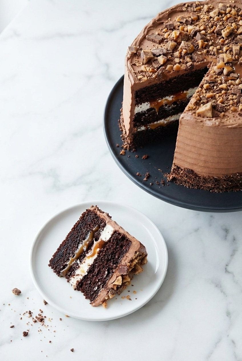 A full better than anything cake topped with stabilized whipped cream and crunchy toffee bits on a platter.