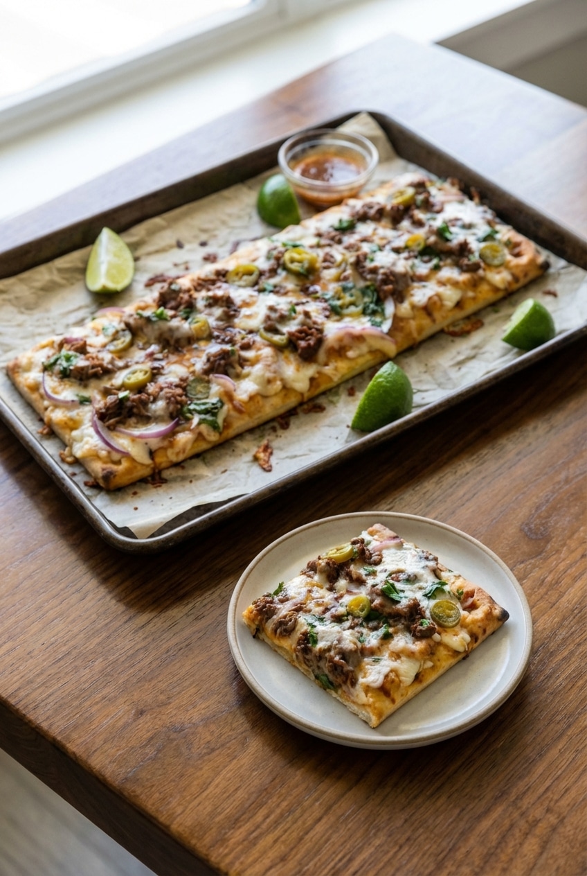 Slices of birria pizza recipe on a wooden board ready for serving with fresh lime.