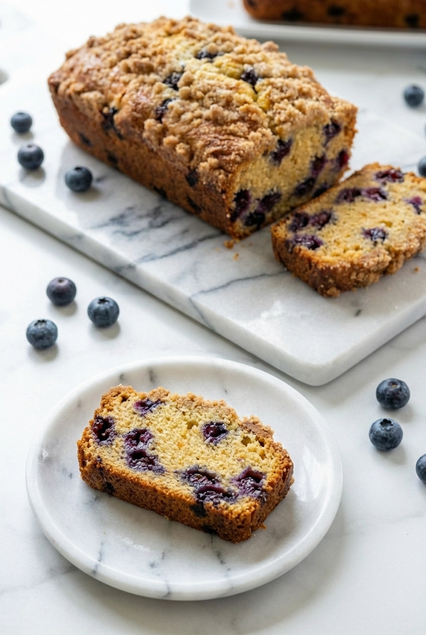 Sliced blueberry cream cheese loaf displayed on a serving platter for a cozy breakfast gathering.