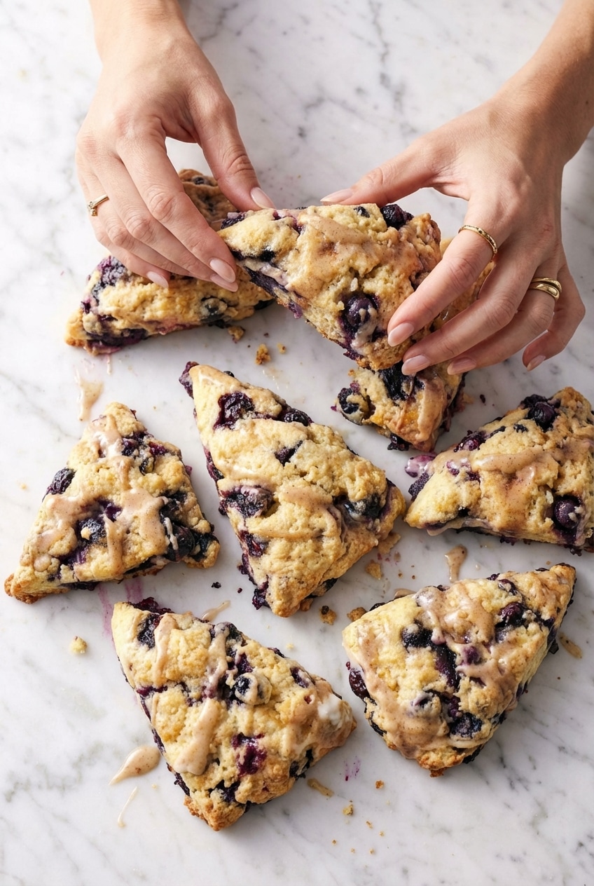 A stack of fresh blueberry scones served on a ceramic plate for a cozy breakfast setting.