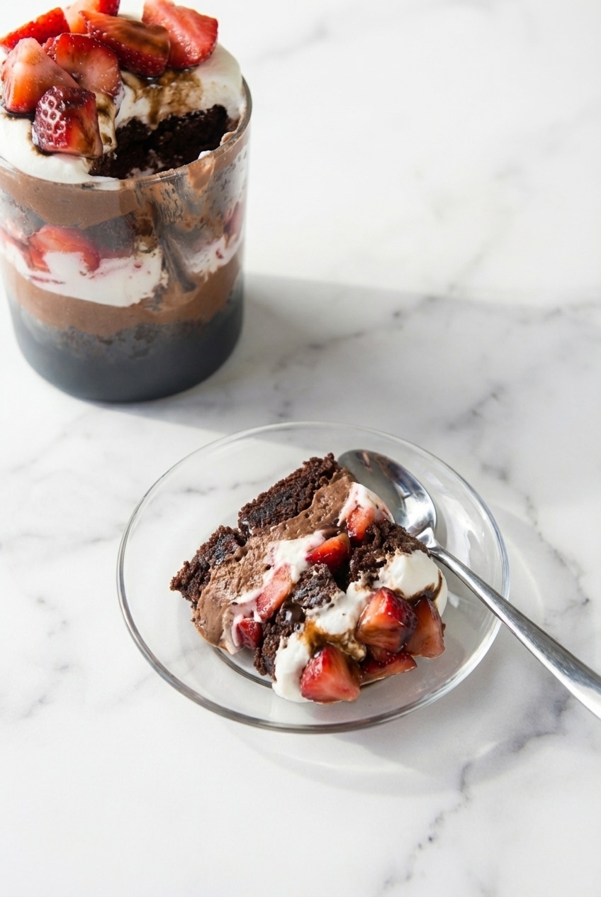 A single portion of brownie strawberry trifle served in a small glass dish with whipped cream peaks.