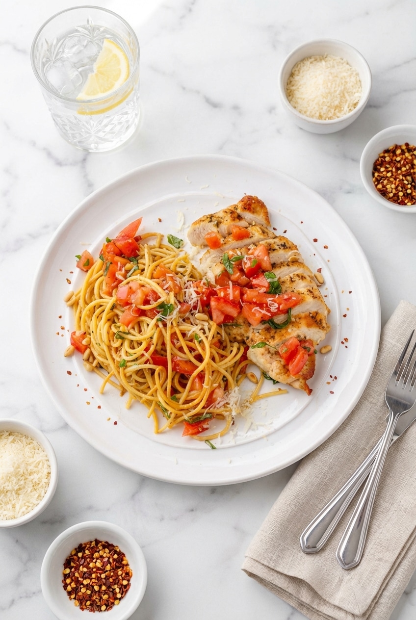 A warm serving of bruschetta chicken pasta drizzled with a rich balsamic reduction and served family-style.