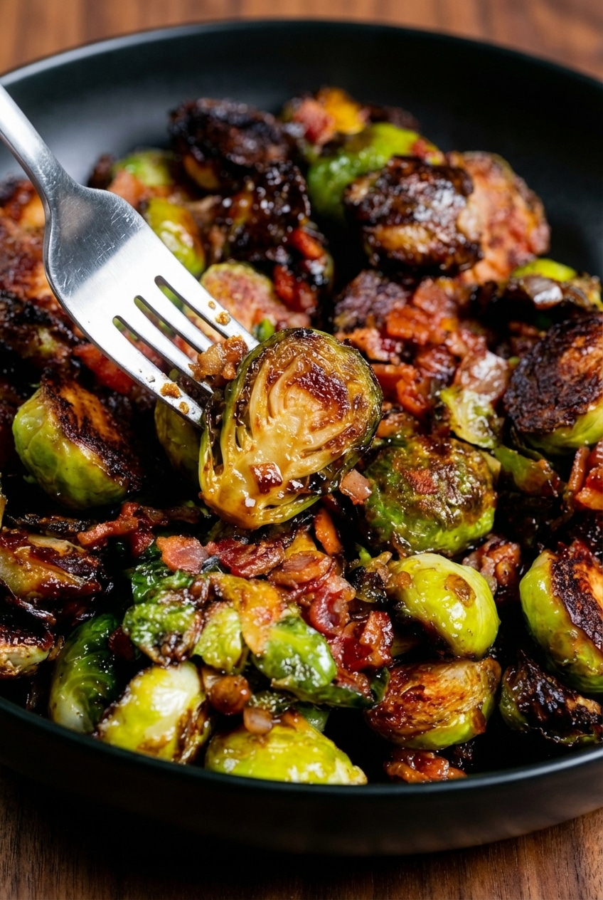 Bowl of brussels sprouts with bacon served on a rustic table highlighting the caramelized Maillard reaction.