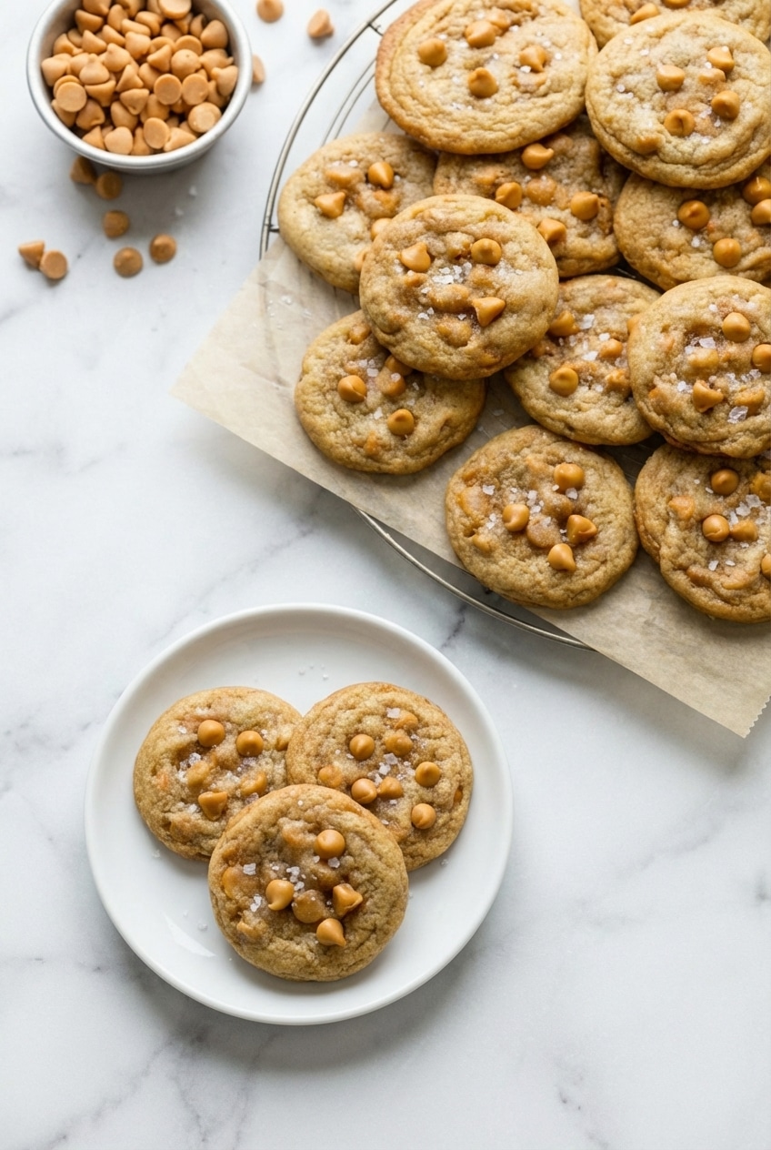 A plate of brown butter butterscotch cookies served with a glass of milk for a cozy snack.