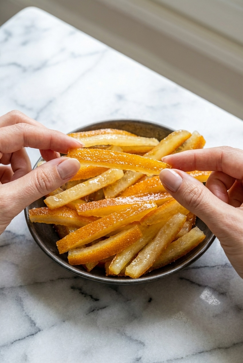 A bowl of finished candied orange peel recipe strips served as orangettes or enjoyed as a bright, zesty lifestyle snack.