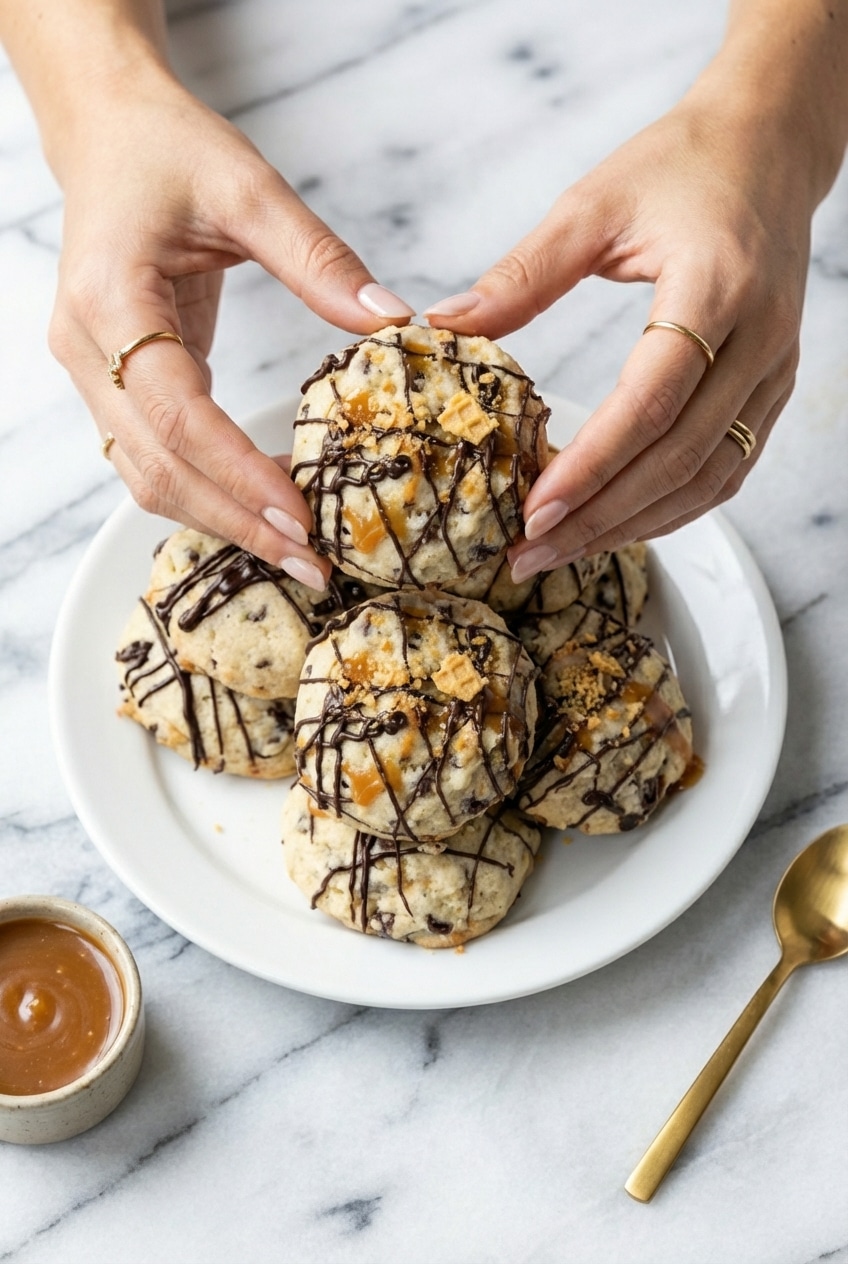 A plate of cookies from this cannoli cookie recipe dusted with confectioners sugar and served on a rustic wooden table.