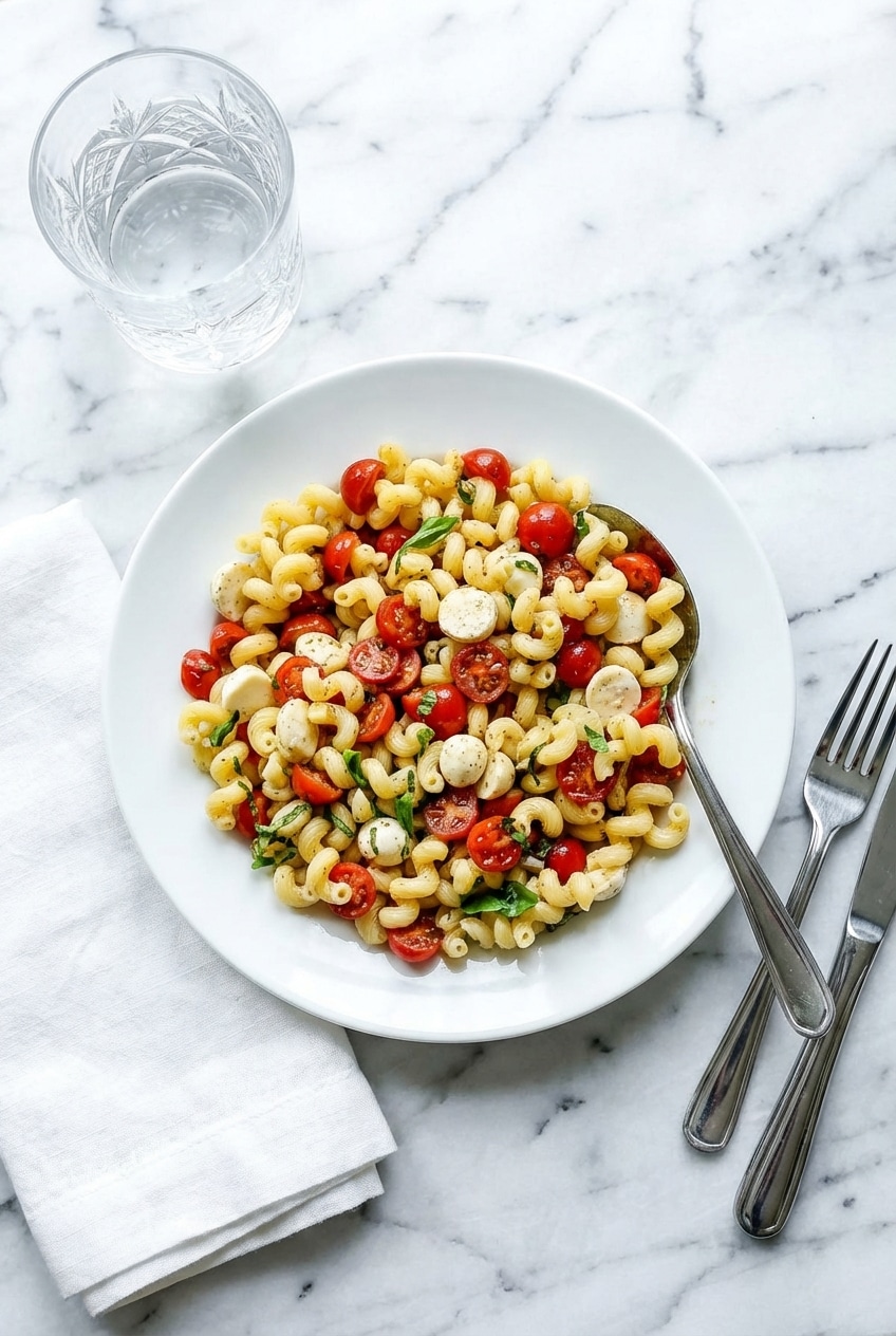 Caprese pasta salad served in a large ceramic bowl with a drizzle of balsamic glaze.