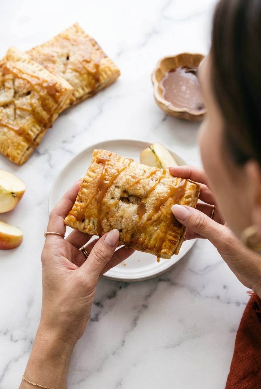 Caramel apple puff pastries served on a platter, ready for a cozy seasonal gathering.