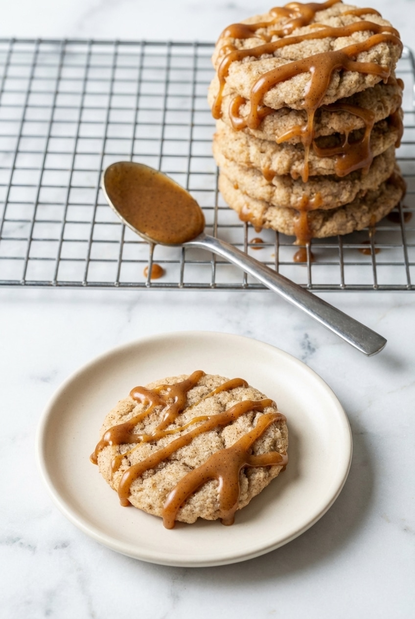 Freshly baked caramel macchiato cookies resting on a wire cooling rack next to a glass of milk.