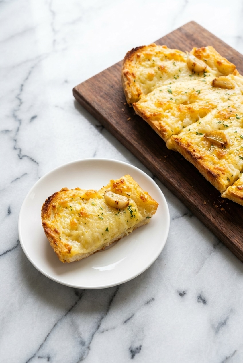 Warm slices of cheesy garlic bread recipe arranged on a rustic wooden serving board for a family dinner.