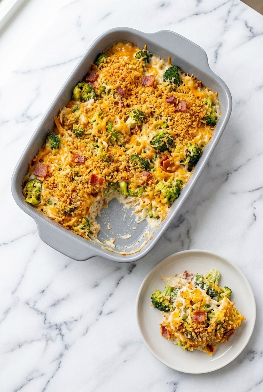 Serving a scoop of creamy chicken bacon ranch casserole with melted mozzarella and crispy bacon.