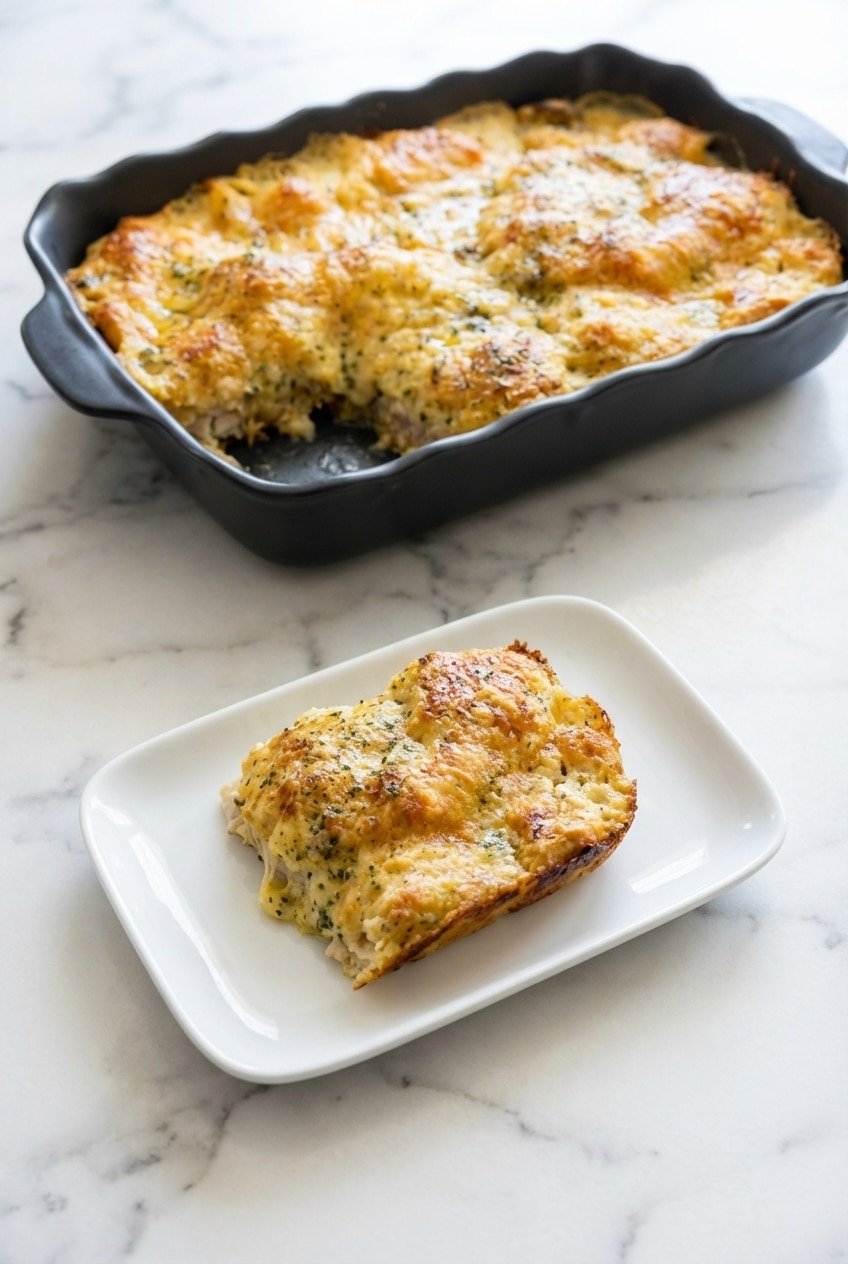 The chicken bubble biscuit bake casserole served in a 9x13 baking dish on a cozy dinner table.