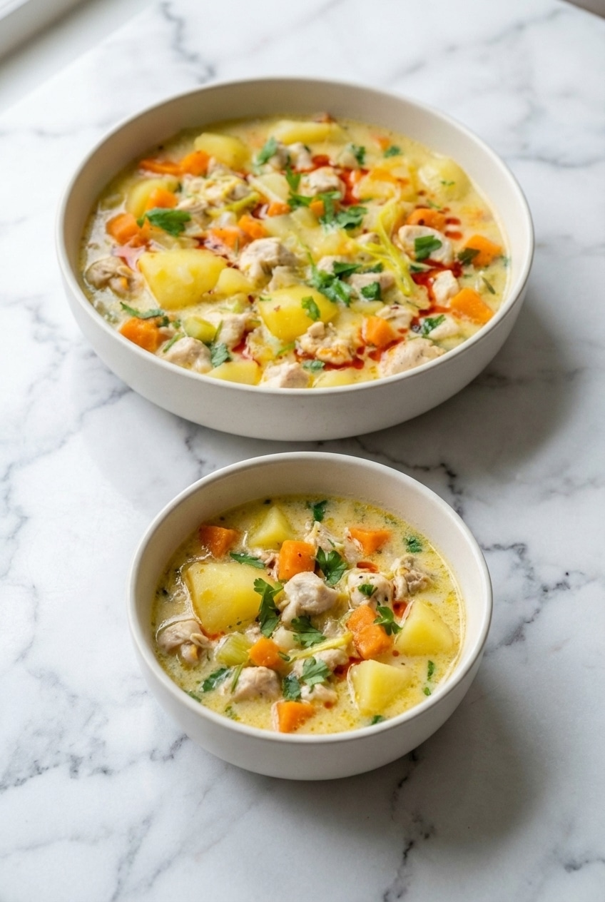 A warm bowl of chicken potato soup served on a wooden table with fresh herbs and crusty bread nearby.
