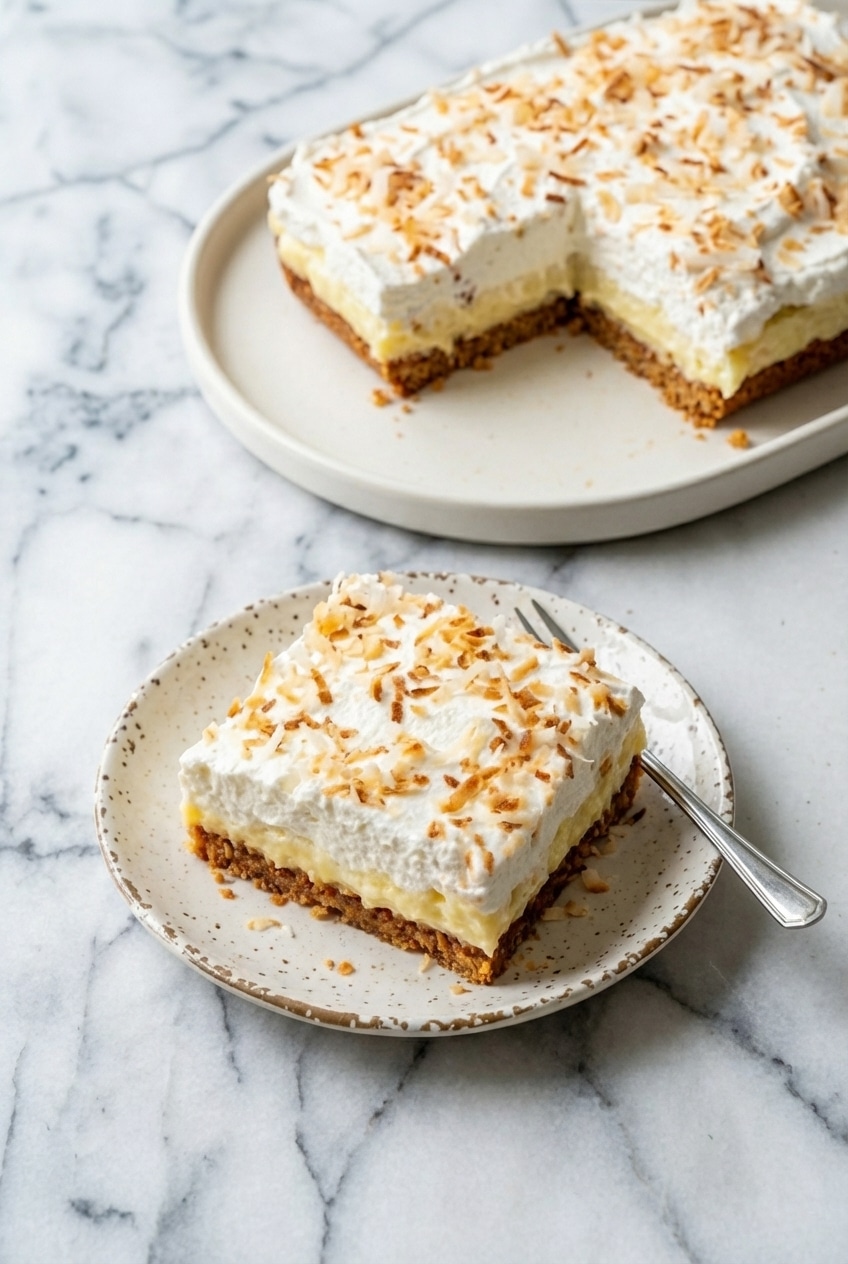 Plated coconut cream pie bars topped with soft peaks of whipped cream ready for a party.