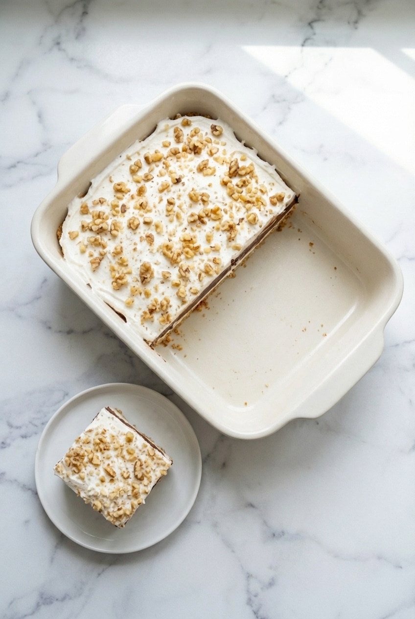 Serving a chilled square of four layer delight from a pan onto a dessert plate with pecans on top.