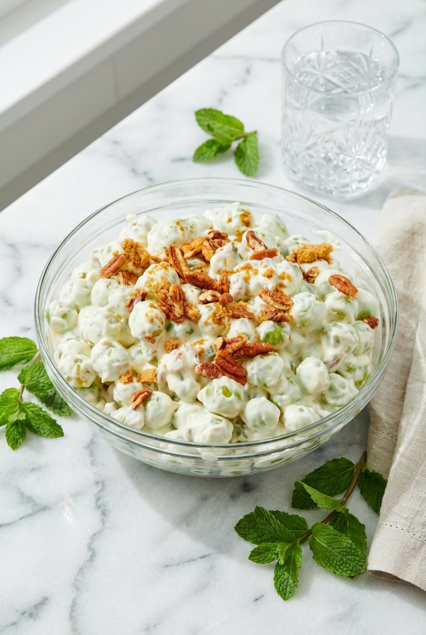 Chilled grape salad served in a large bowl, ready for a Southern potluck or holiday meal.