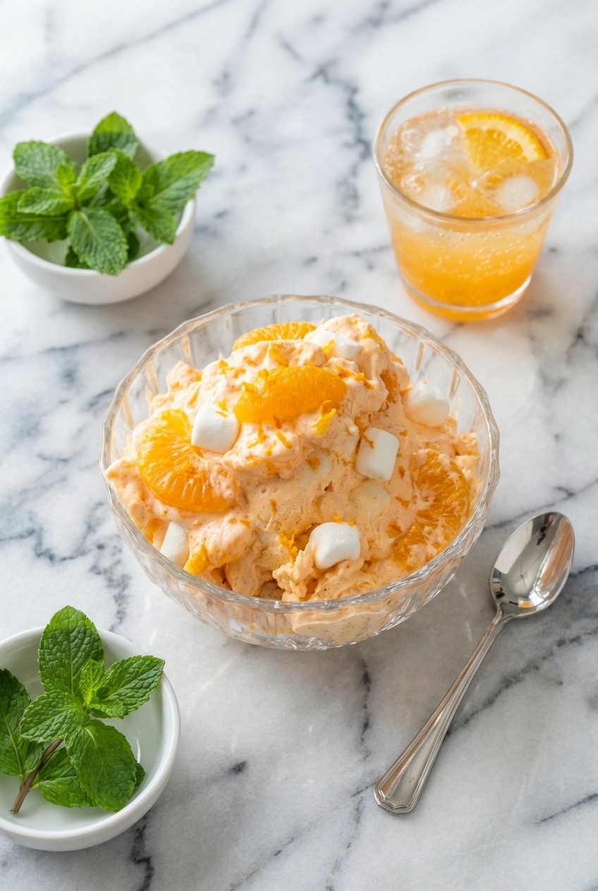 Chilled orange dreamsicle salad served in a decorative bowl, ready to be enjoyed as a light potluck side dish.