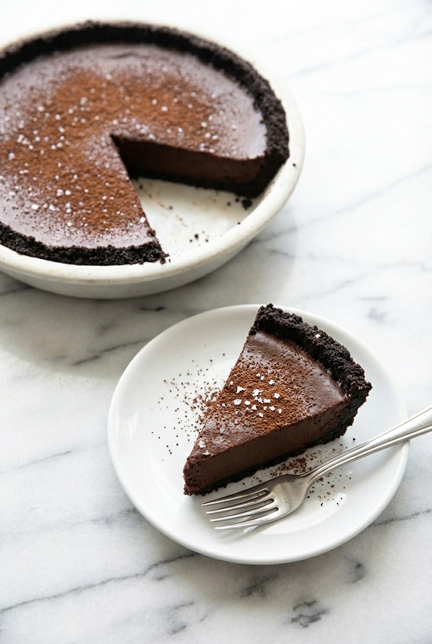A slice of chocolate pie with an oreo pie crust base served on a ceramic plate.