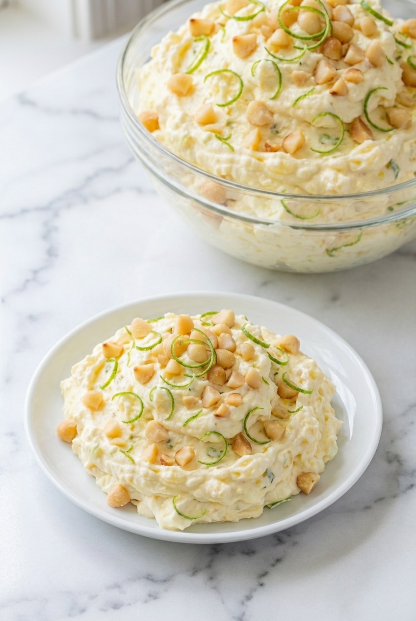 Individual servings of chilled pineapple fluff dessert ready for a summer potluck recipe.