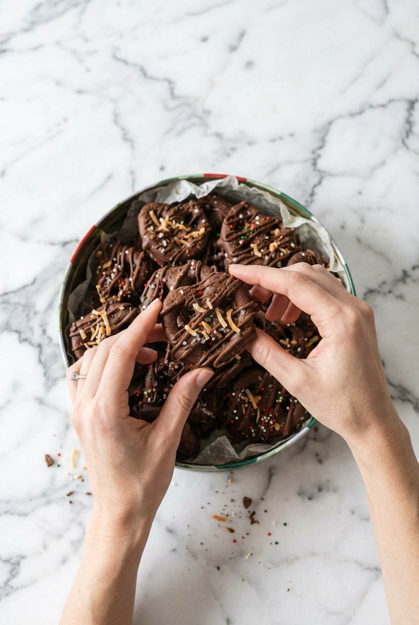 Chocolate covered pretzels with coconut toppings arranged in a glass jar for serving.