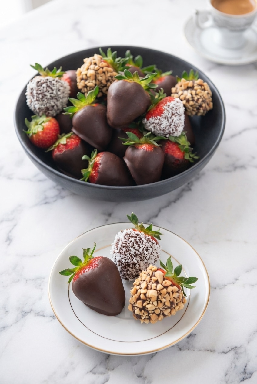A beautiful platter of chocolate covered strawberries ready for a party or special event.