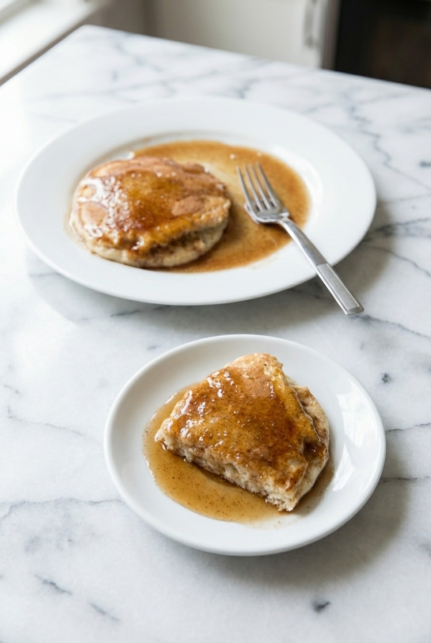 Warm cinnamon pancake syrup served in a small glass pitcher on a rustic breakfast table setting.