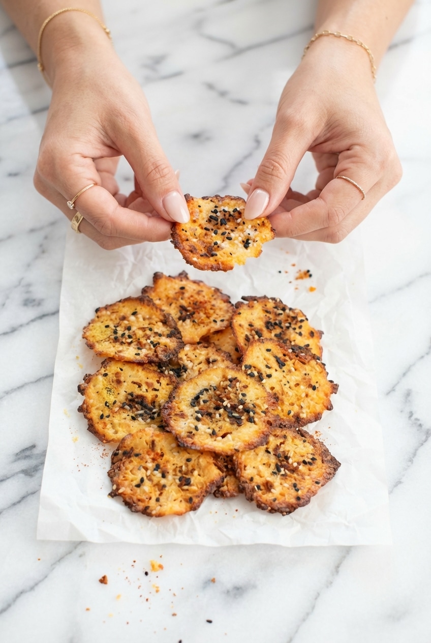A bowl of cottage cheese chips served as a keto snack on a casual wooden table.