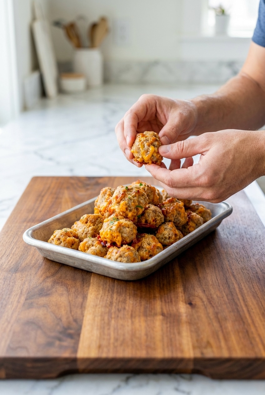 Cream cheese sausage balls arranged on a serving plate, ideal for game day food appetizers.