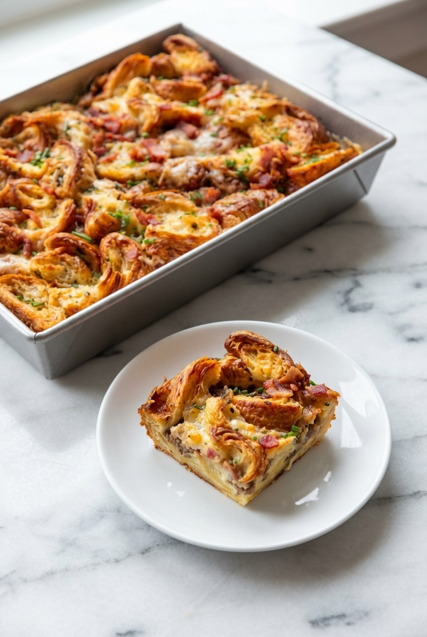 A slice of croissant breakfast casserole served on a white plate with a garnish of fresh sage for brunch.