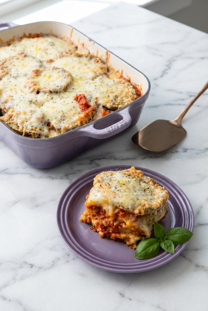 Eggplant parmesan served in a ceramic casserole dish on a rustic wooden table with fresh basil leaves.
