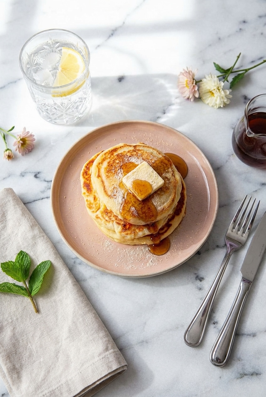A warm plate of fluffy pancakes served with syrup and fresh toppings on a cozy breakfast table.