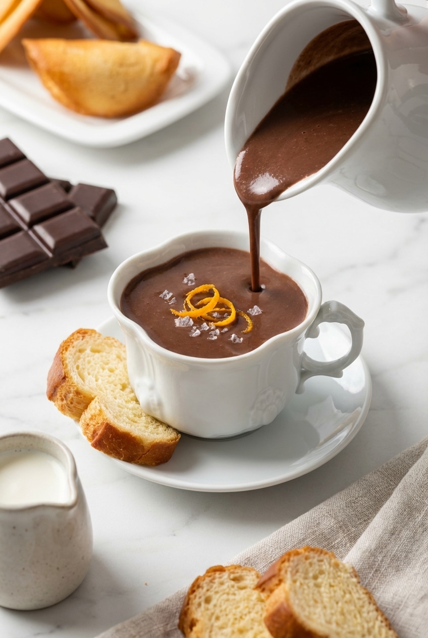 A steaming mug of French Hot Chocolate served on a wooden table for a cozy afternoon snack.