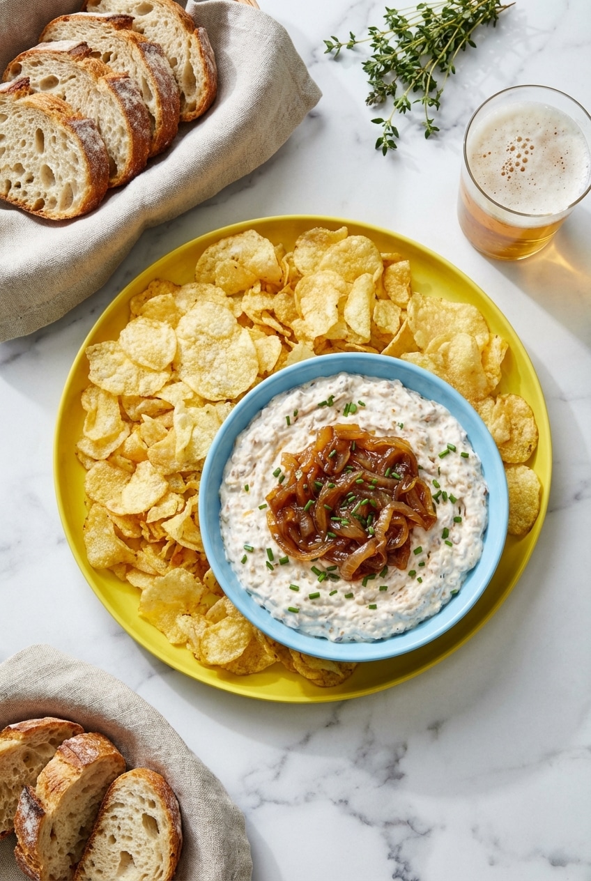 French onion dip served in a bowl surrounded by kettle chips on a casual party table setting.