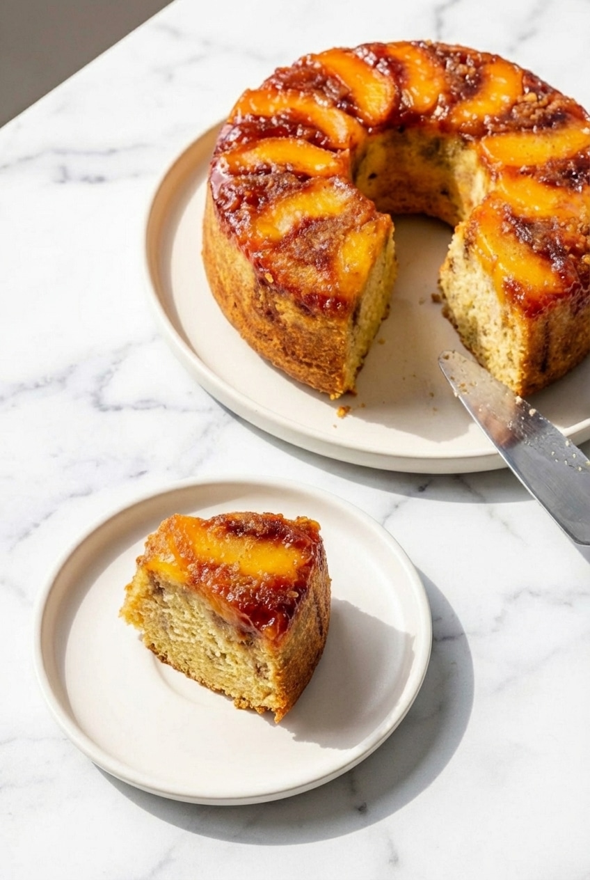 A fresh slice of peach cobbler pound cake ready to be served on a rustic wooden table.