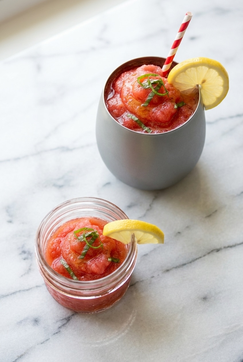 Two glasses of frozen strawberry lemonade served with lemon rounds on a sunlit wooden outdoor table.