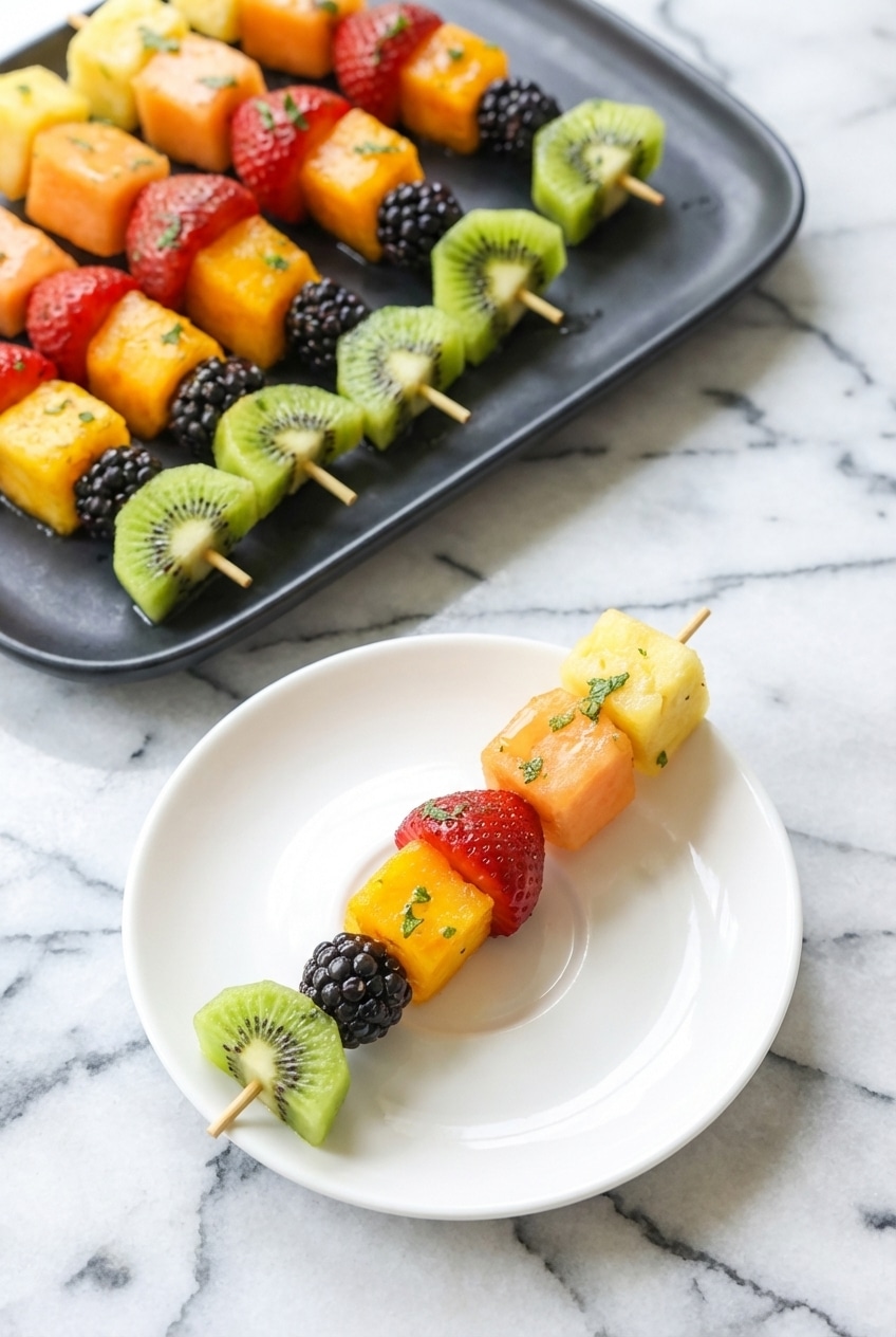 A platter of fruit kabobs being served as potluck appetizers at an outdoor garden table.