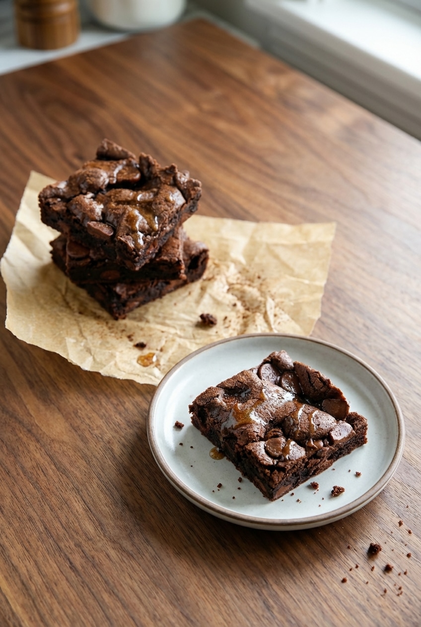Stacked fudgy cake mix brownies on a ceramic plate, highlighting the dark, rich crumb.