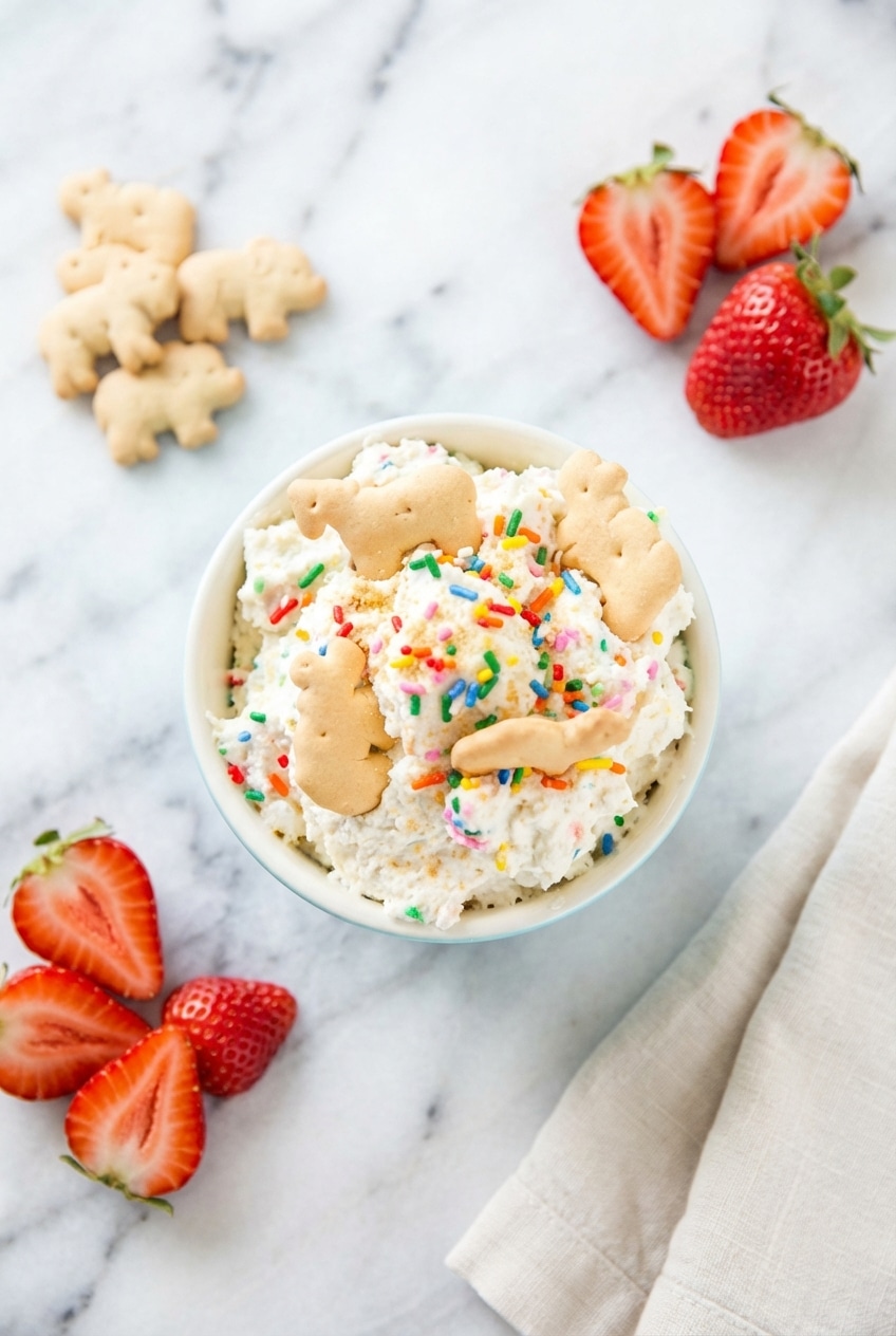 A festive serving bowl of Funfetti Dip with toasted malt, surrounded by dippers on a wooden board.