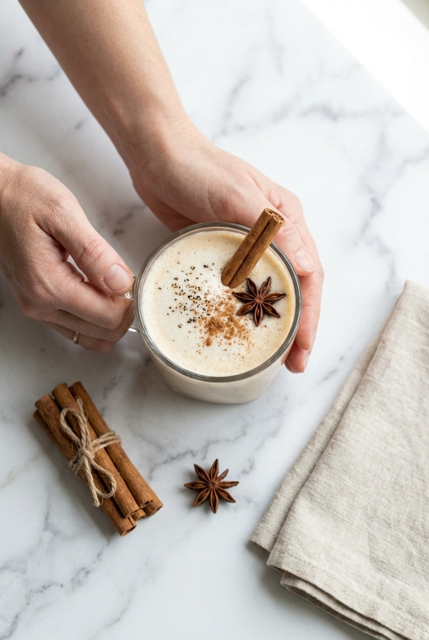 A steaming Chai Tea Latte served in a cozy kitchen setting next to a stick of cinnamon.