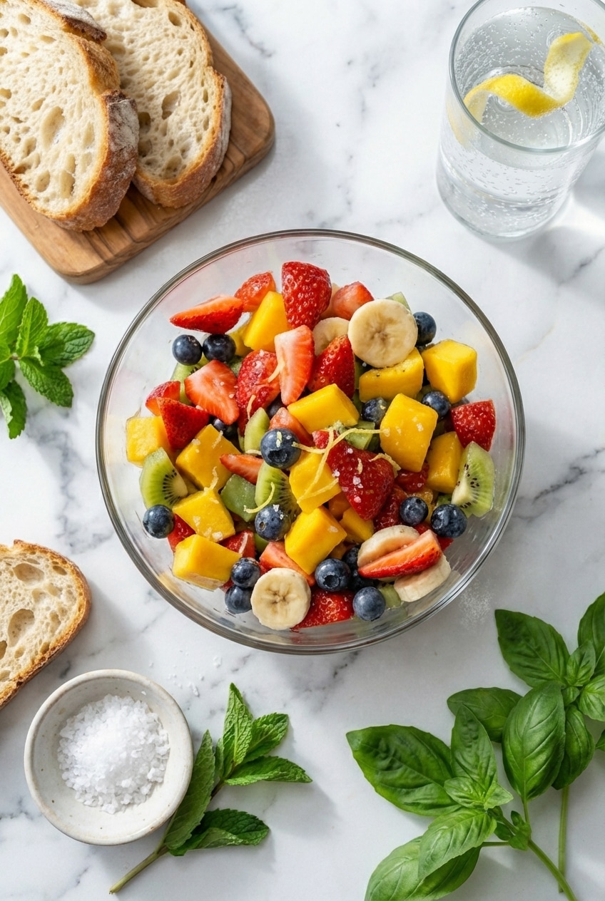Honey Lime Rainbow Fruit Salad served in small glass bowls for a refreshing party snack.