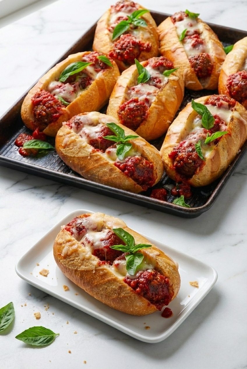 A meatball sub sliced on a wooden board, ready for a comforting family dinner service.