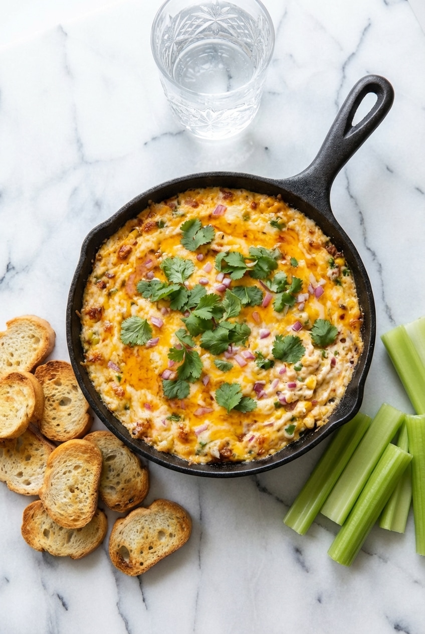 Jalapeno popper dip served with toasted baguette slices on a casual game day party table.