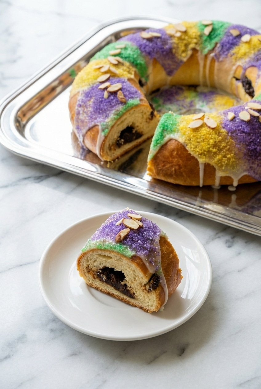 A slice of king cake recipe served on a festive plate during the Mardi Gras carnival season.